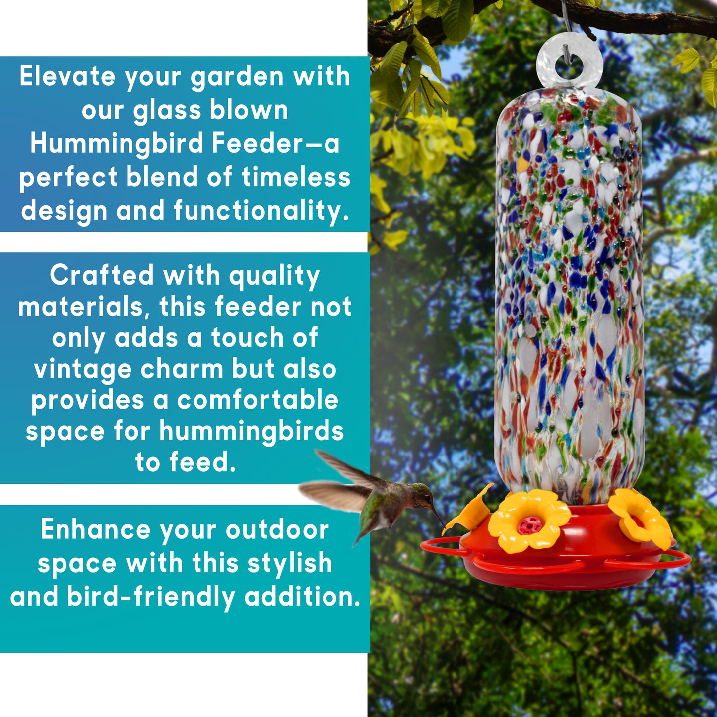 Superior Effect Hand Blown Glass Decorative Hummingbird Feeder